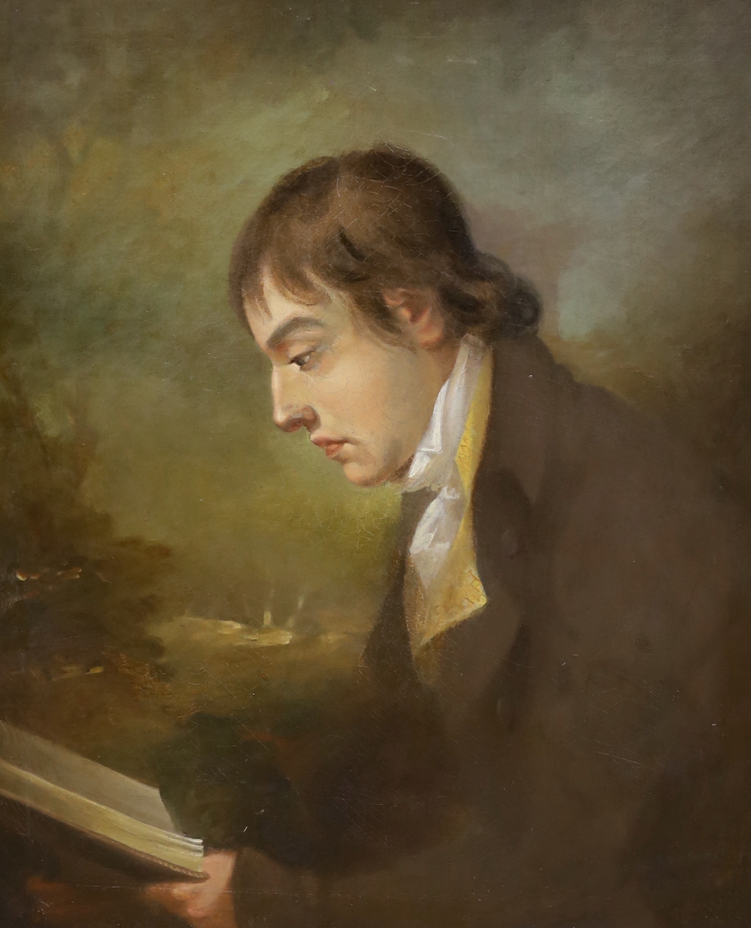 19th century English School, Portrait of the poet John Keats reading before a landscape (1795-1821), 75 x 62cm, ornate gilt frame
